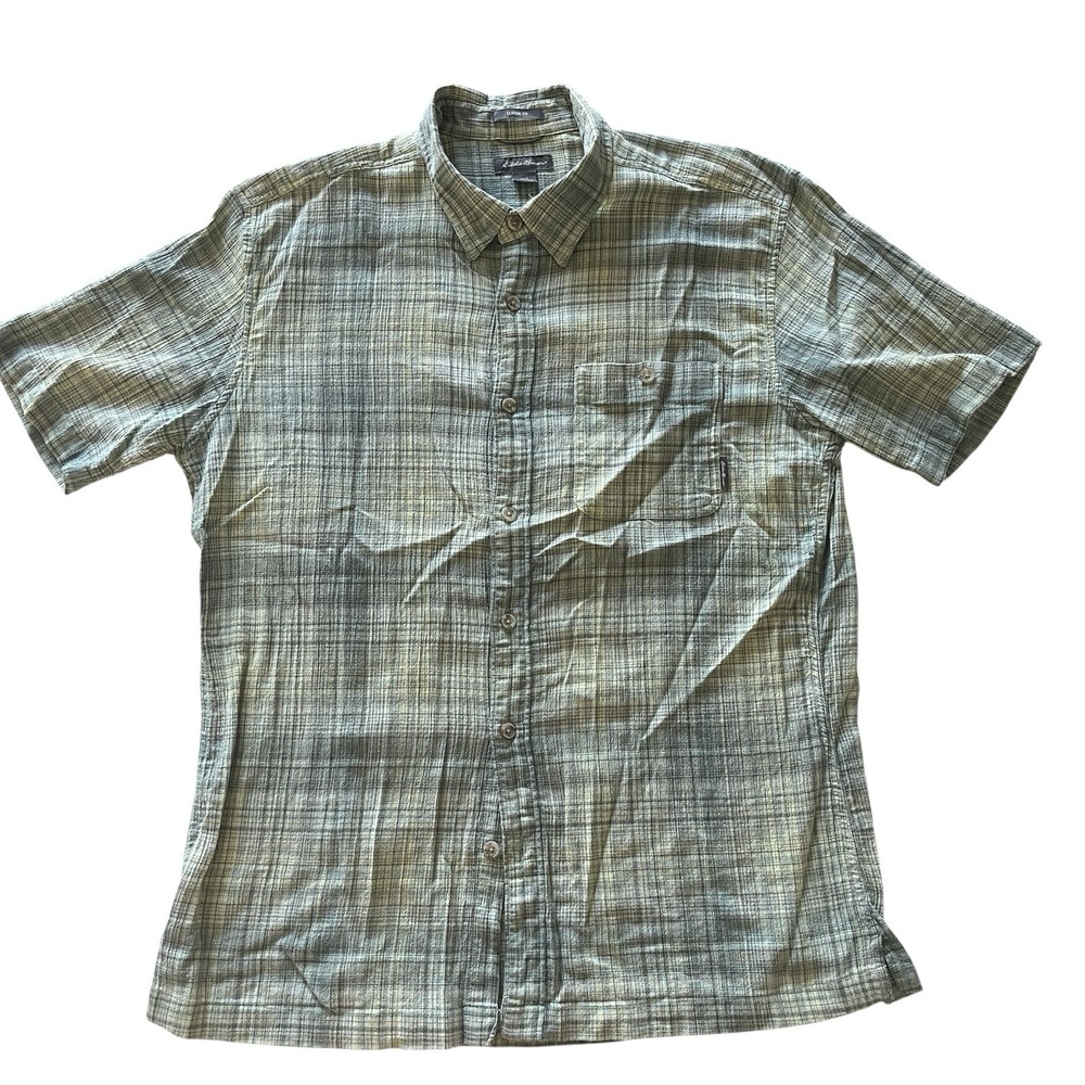 Eddie Bauer Men's Size L Green Plaid Short Sleeve Button Up 100% Cotton